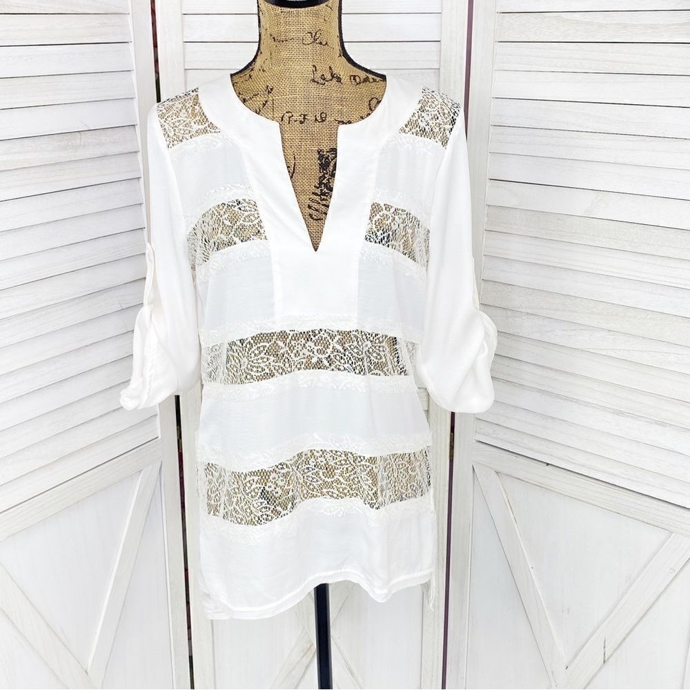 BCBGMaxAzria Erid Boho Poet Lace Illusion Stripe Tunic Blouse White Small‎
